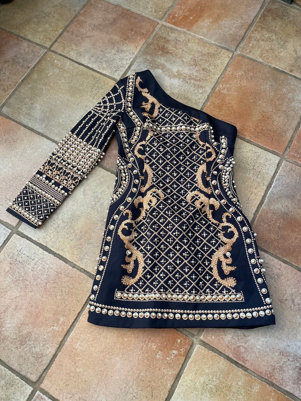 one-shoulder mini dress featuring pearl embellishments  small